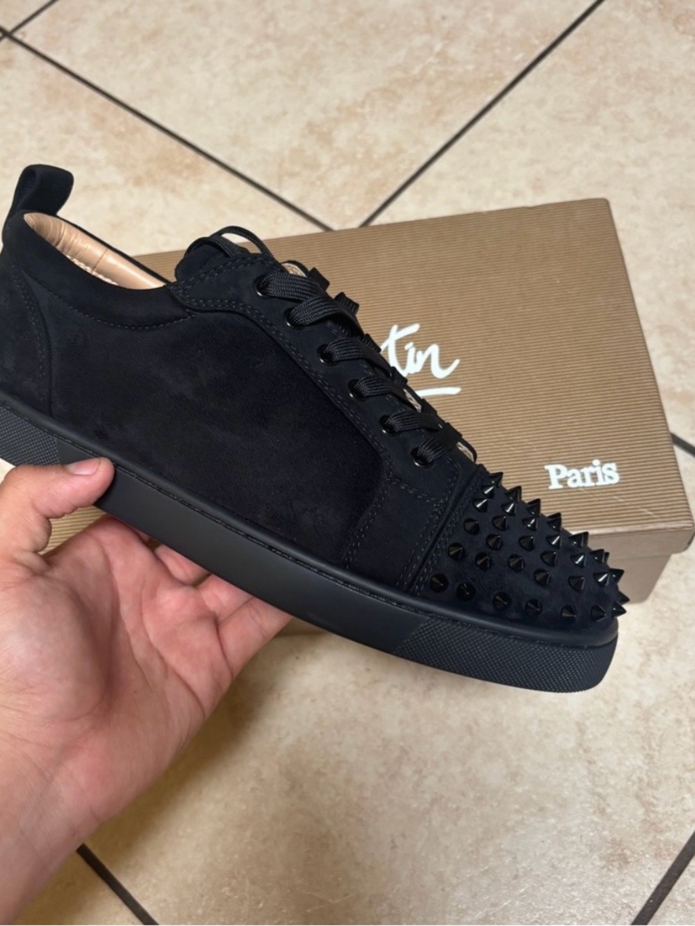 Christian Louboutin Men's Black Suede Spike Toe Low-Top Sneaker